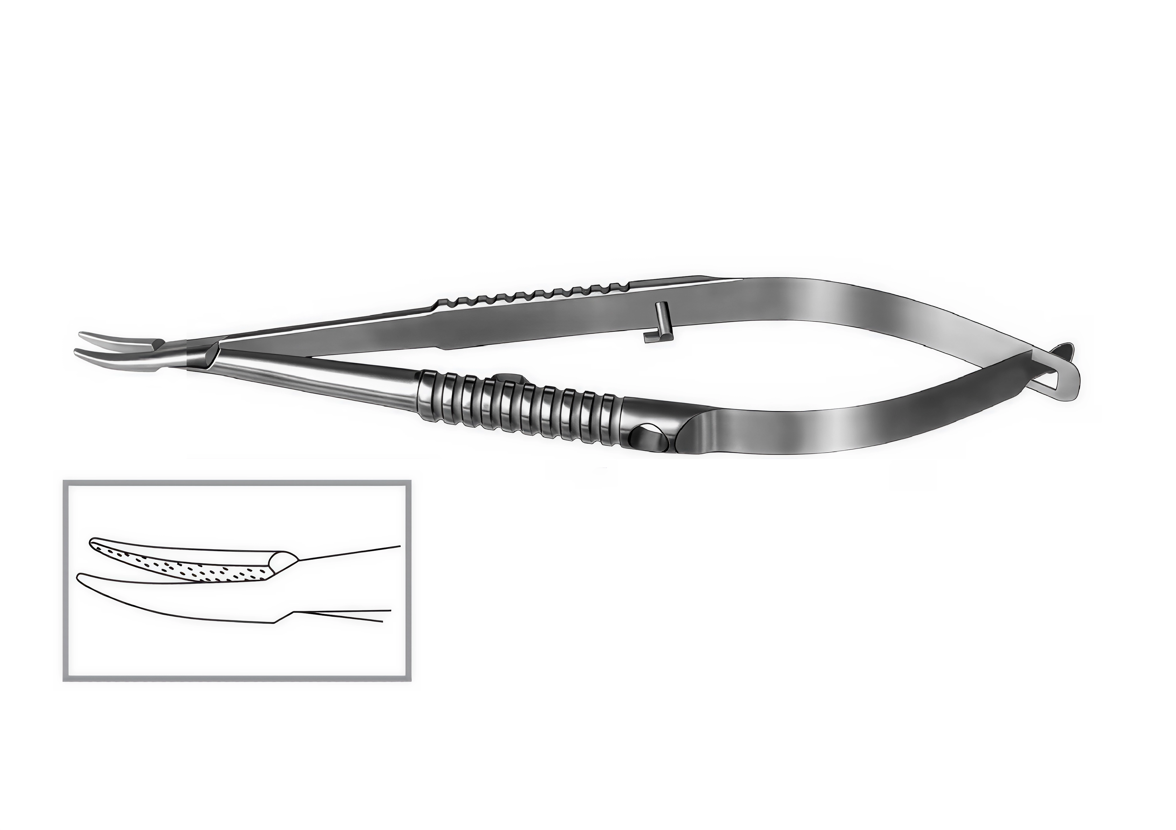 Иглодержатель по Барракеру, изогнутый, тонкие губки